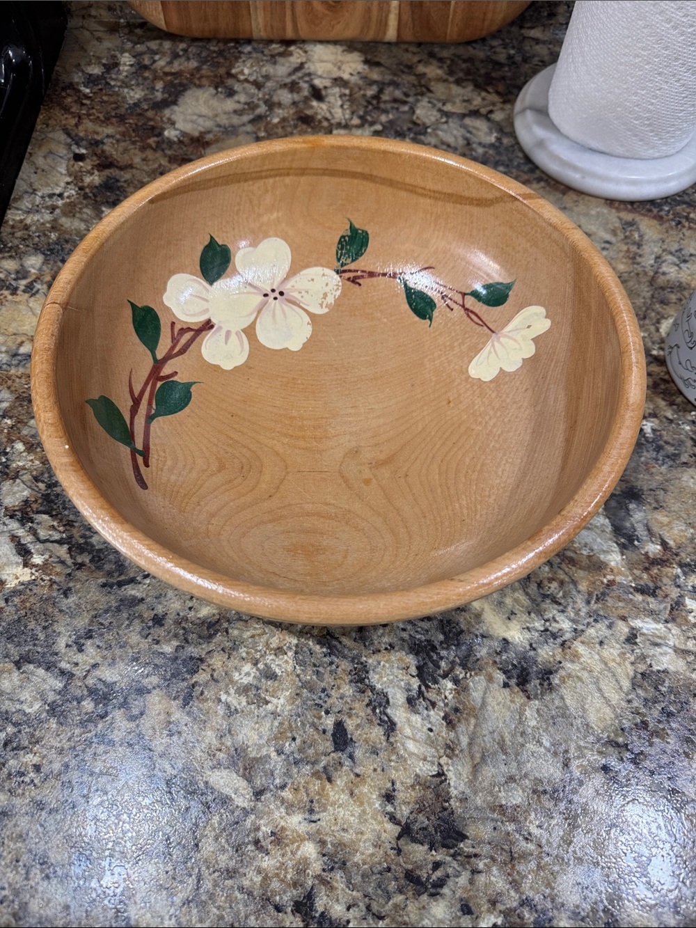 Vintage Hand-Painted Wooden Floral Serving Bowl - Cream & Green